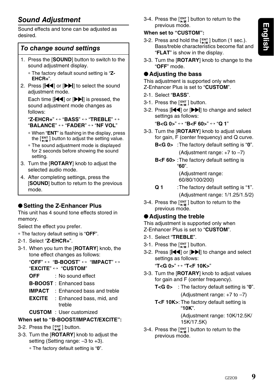 English 9, Sound adjustment | Clarion CZ209 User Manual | Page 9 / 23