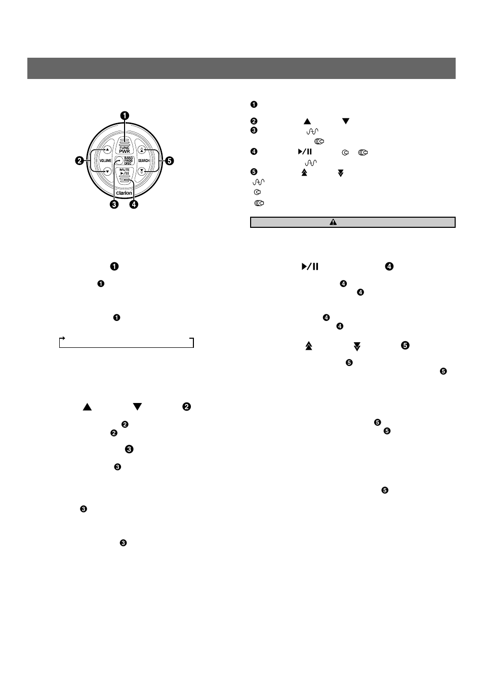 Wired remote control unit operations, Pwr / func button, Wired remote control unit | Play/pause, Mute button, Search up ( ) / down ( ) buttons, Caution, Volume up, Down, Buttons | Clarion AM/FM CD PLAYER XMD2 User Manual | Page 4 / 16