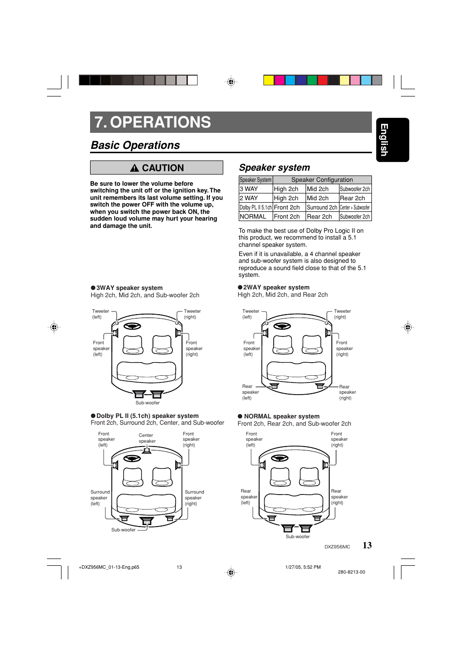 Operations, Basic operations, English | 13 caution, Speaker system | Clarion DXZ956MC User Manual | Page 13 / 56