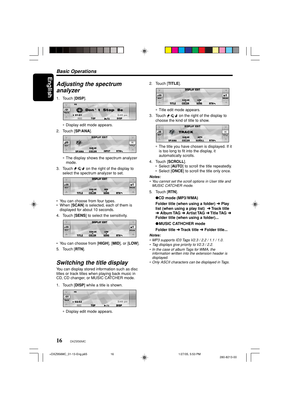 English, Adjusting the spectrum analyzer, Switching the title display | Basic operations | Clarion DXZ956MC User Manual | Page 16 / 56