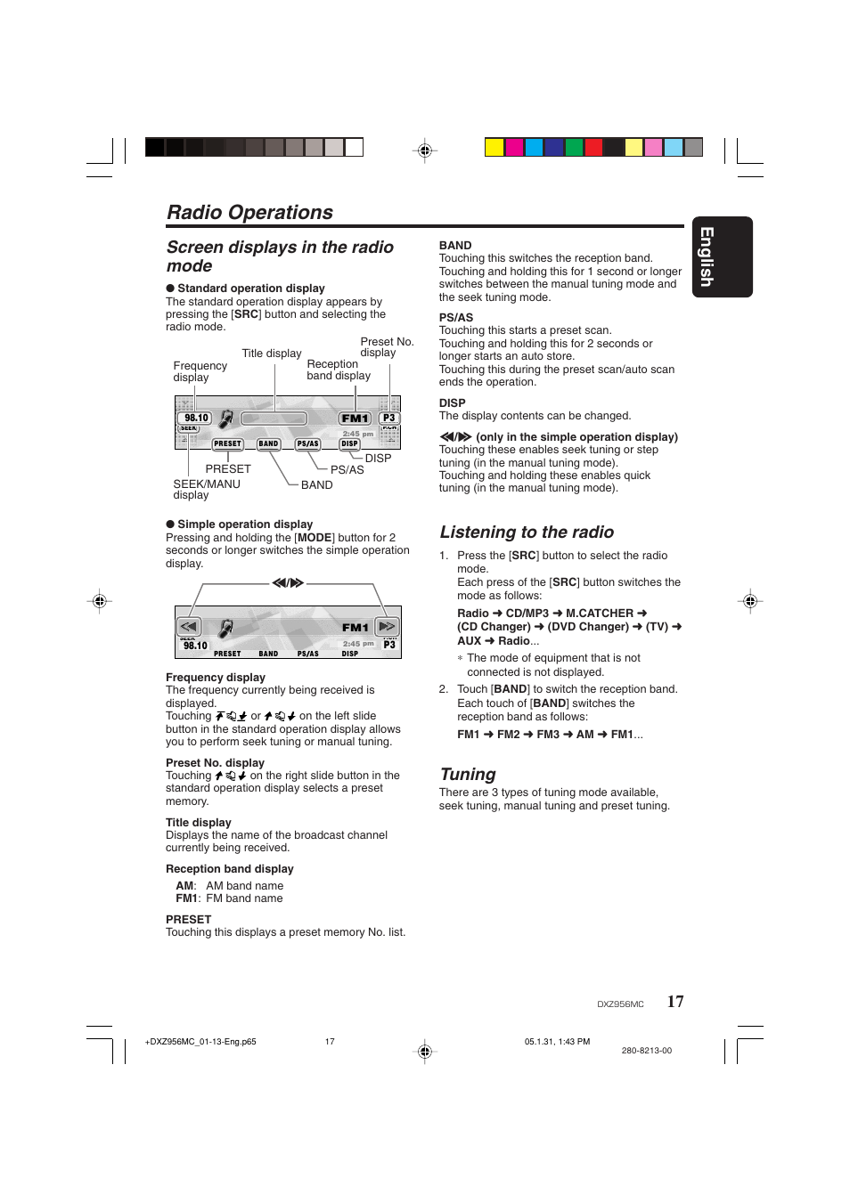 Radio operations, English, Screen displays in the radio mode | Listening to the radio, Tuning | Clarion DXZ956MC User Manual | Page 17 / 56