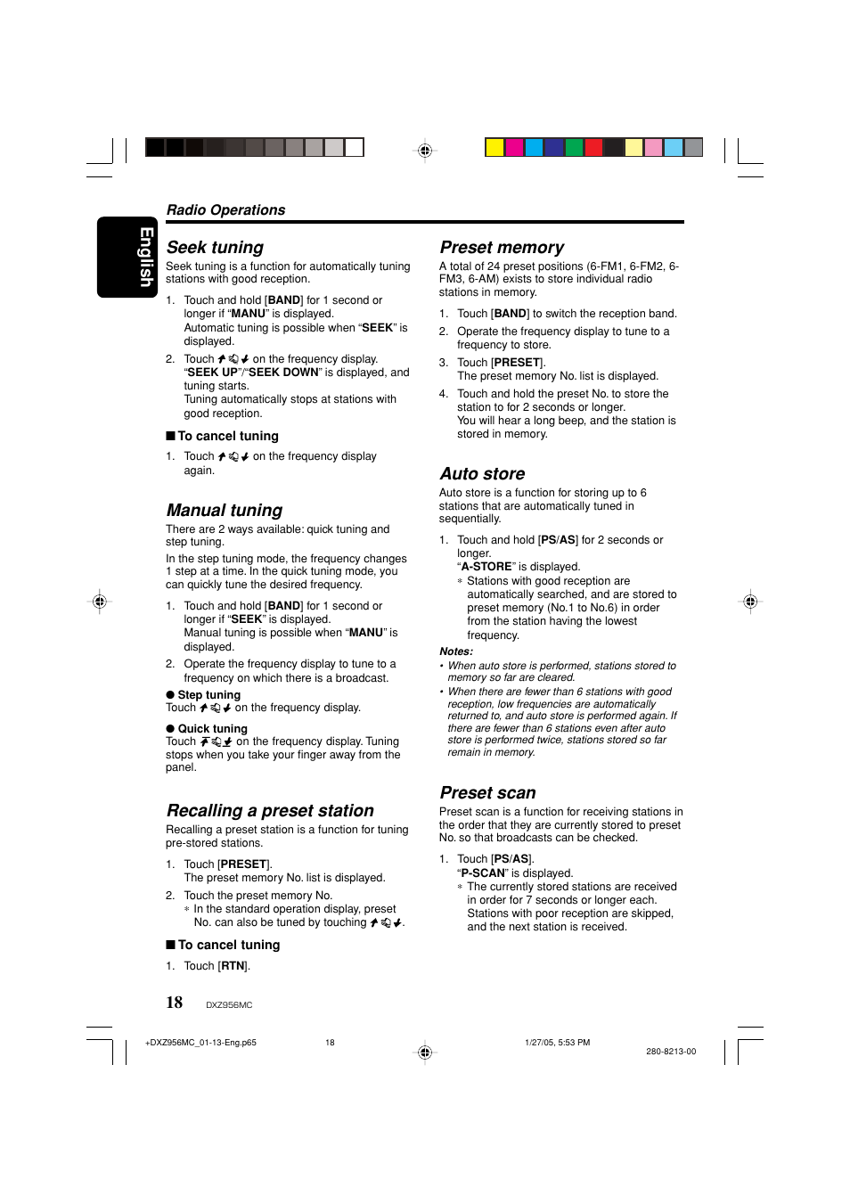 English, Seek tuning, Manual tuning | Recalling a preset station, Auto store, Preset scan | Clarion DXZ956MC User Manual | Page 18 / 56