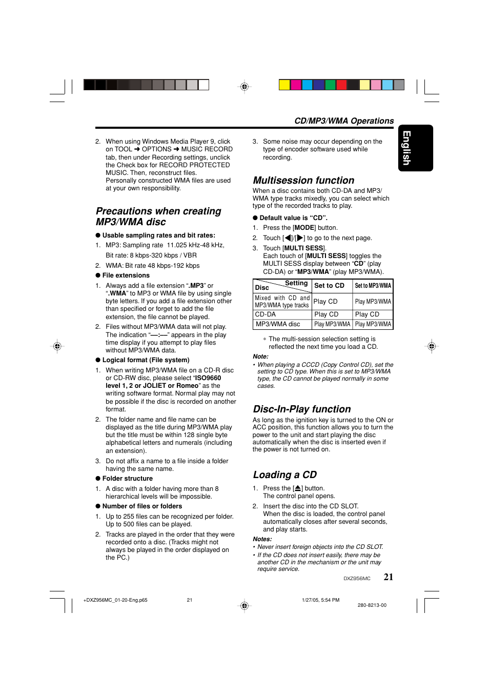 English, Precautions when creating mp3/wma disc, Multisession function | Disc-in-play function, Loading a cd, Cd/mp3/wma operations | Clarion DXZ956MC User Manual | Page 21 / 56