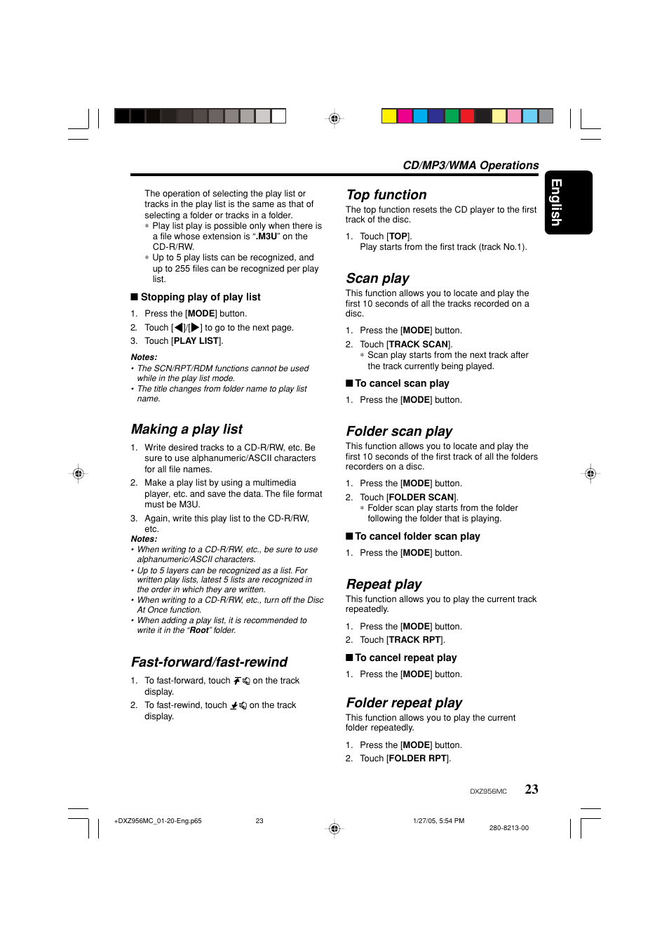 English, Making a play list, Fast-forward/fast-rewind | Top function, Scan play, Folder scan play, Repeat play, Folder repeat play | Clarion DXZ956MC User Manual | Page 23 / 56