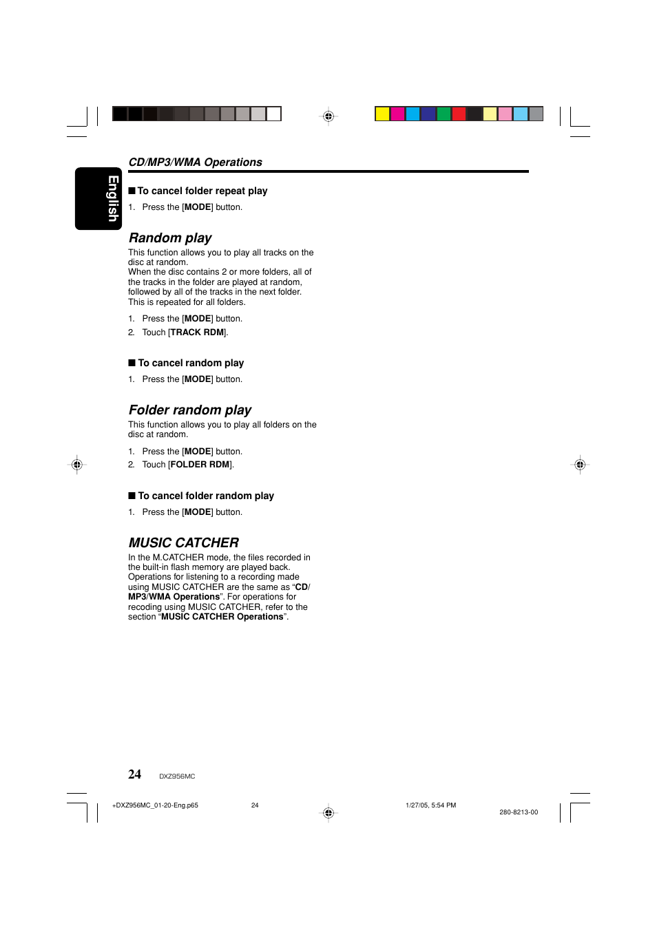 English, Random play, Folder random play | Music catcher | Clarion DXZ956MC User Manual | Page 24 / 56