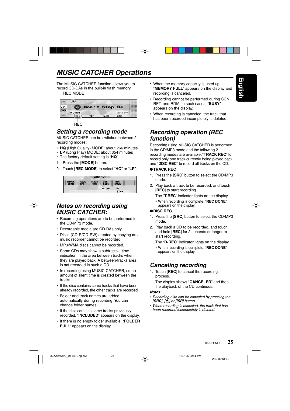 Music catcher operations, English, Setting a recording mode | Recording operation (rec function), Canceling recording | Clarion DXZ956MC User Manual | Page 25 / 56