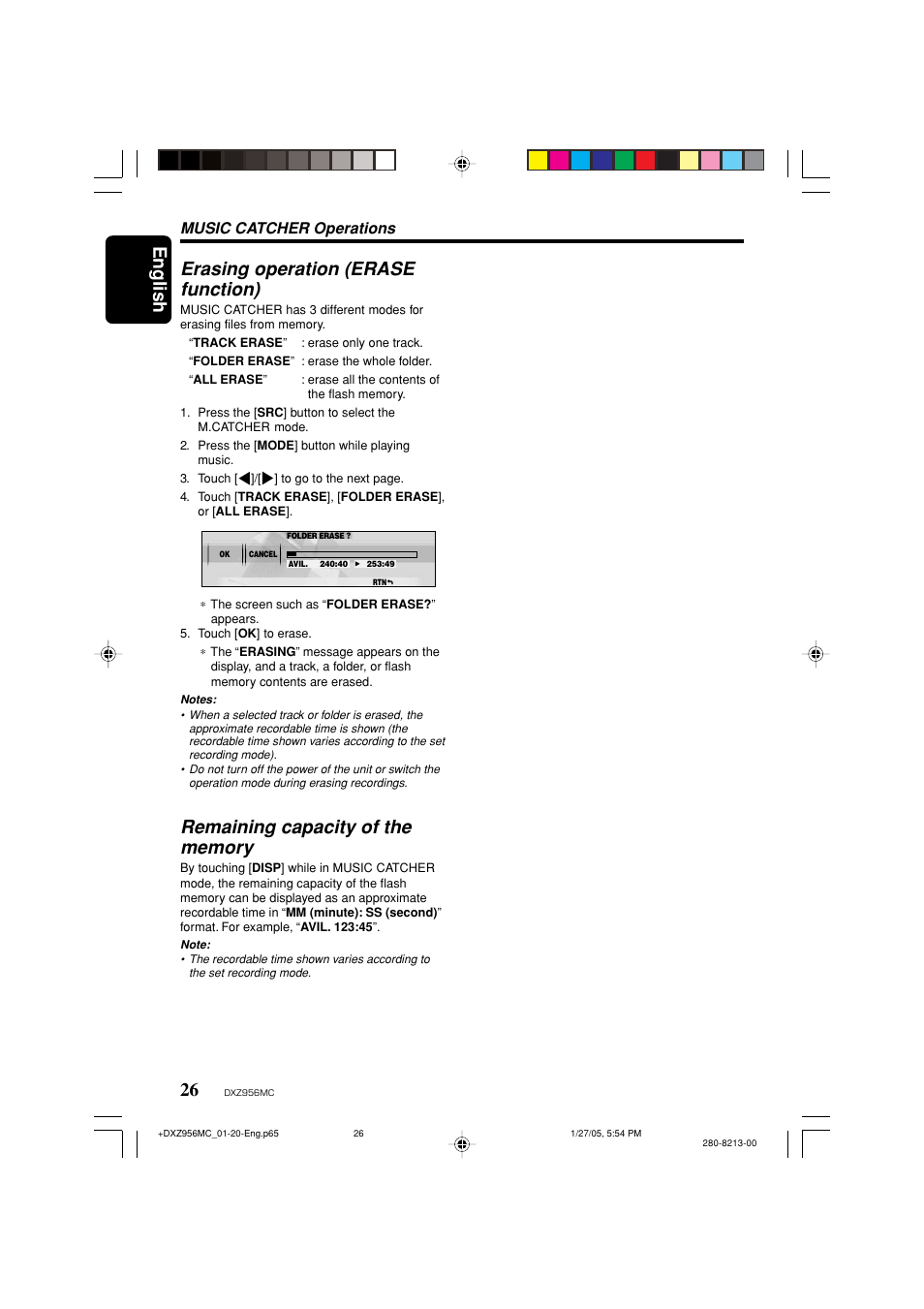 English, Erasing operation (erase function), Music catcher operations | Clarion DXZ956MC User Manual | Page 26 / 56