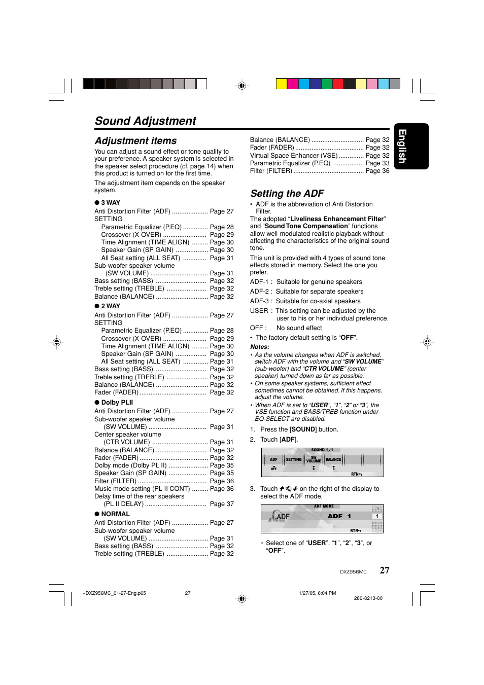 Sound adjustment, English, Adjustment items | Setting the adf | Clarion DXZ956MC User Manual | Page 27 / 56