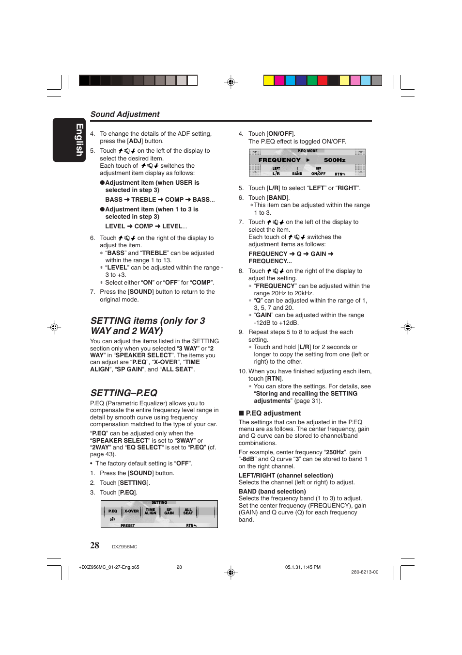 English, Setting items (only for 3 way and 2 way), Setting–p.eq | Sound adjustment | Clarion DXZ956MC User Manual | Page 28 / 56