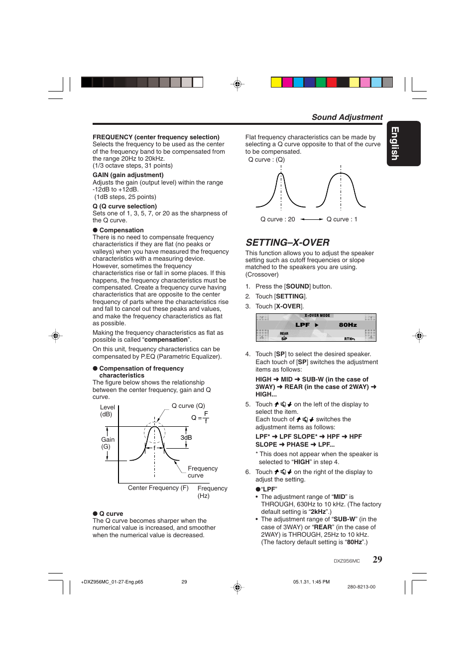 English, Setting–x-over, Sound adjustment | Clarion DXZ956MC User Manual | Page 29 / 56