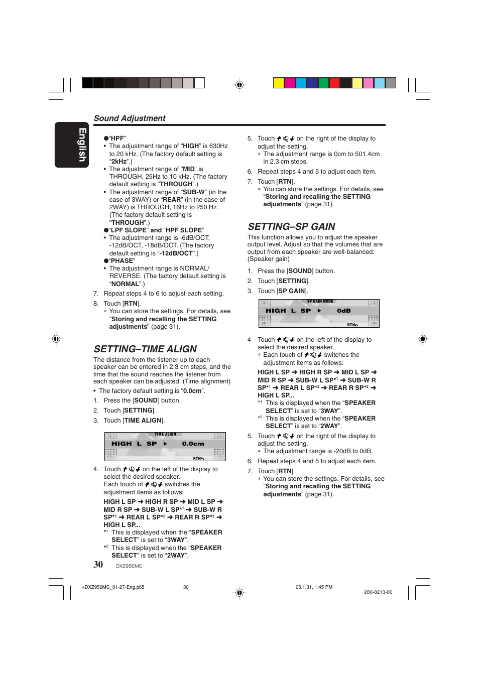 English, Setting–time align, Setting–sp gain | Sound adjustment | Clarion DXZ956MC User Manual | Page 30 / 56