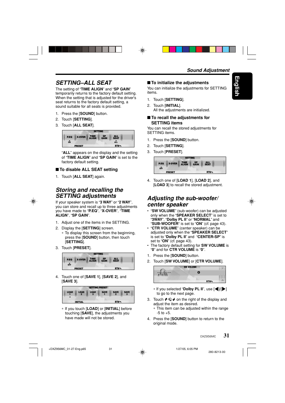 English, Setting–all seat, Storing and recalling the setting adjustments | Adjusting the sub-woofer/ center speaker, Sound adjustment | Clarion DXZ956MC User Manual | Page 31 / 56