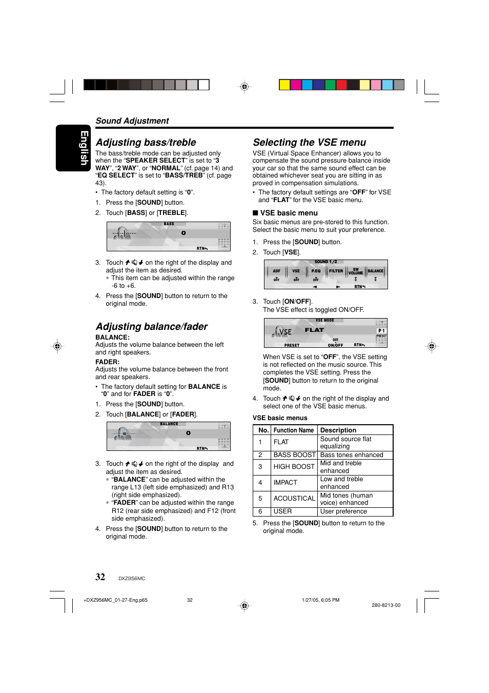 English, Adjusting bass/treble, Adjusting balance/fader | Selecting the vse menu, Sound adjustment | Clarion DXZ956MC User Manual | Page 32 / 56