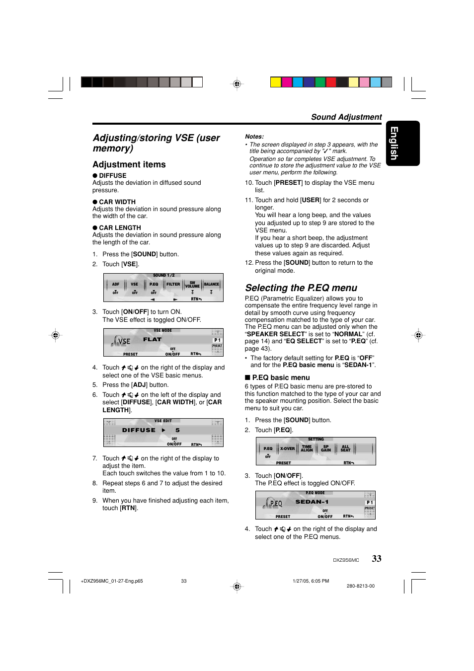 English, Selecting the p.eq menu, Adjustment items | Sound adjustment, P.eq basic menu | Clarion DXZ956MC User Manual | Page 33 / 56