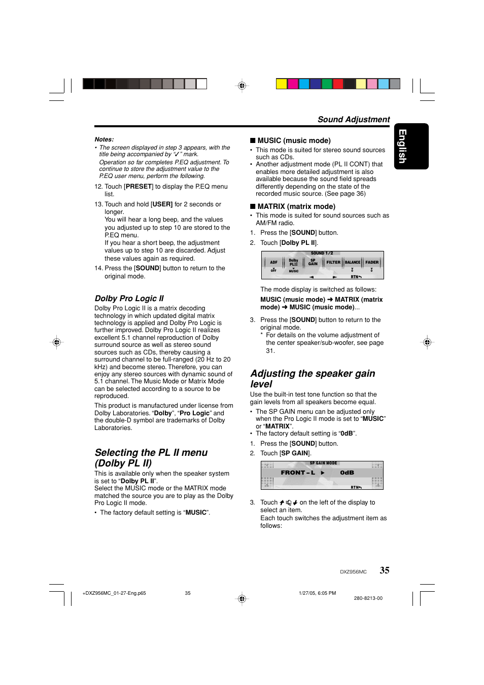 English, Selecting the pl ii menu (dolby pl ii), Adjusting the speaker gain level | Sound adjustment, Dolby pro logic ii | Clarion DXZ956MC User Manual | Page 35 / 56