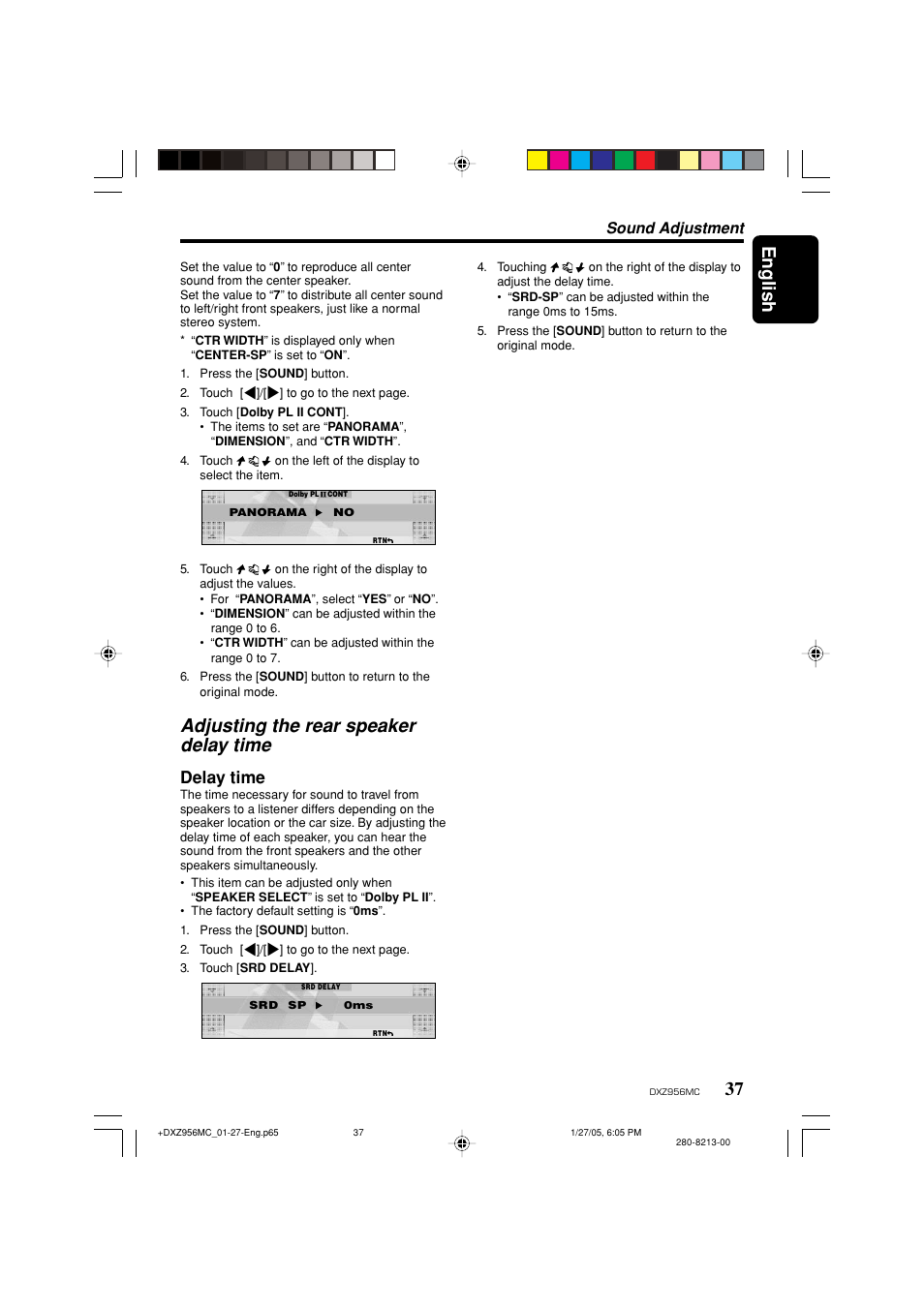 English, Adjusting the rear speaker delay time, Delay time | Sound adjustment | Clarion DXZ956MC User Manual | Page 37 / 56