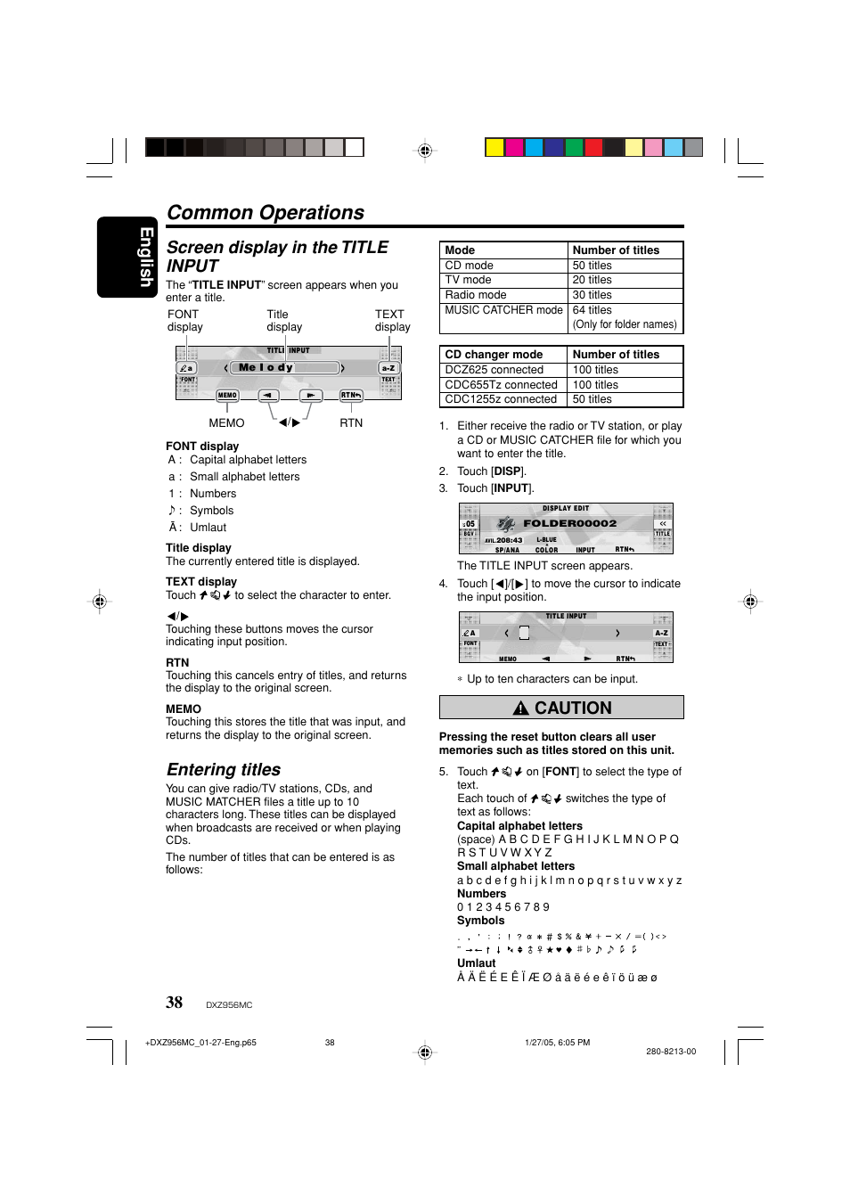 Common operations, English, Screen display in the title input | Entering titles, Caution | Clarion DXZ956MC User Manual | Page 38 / 56