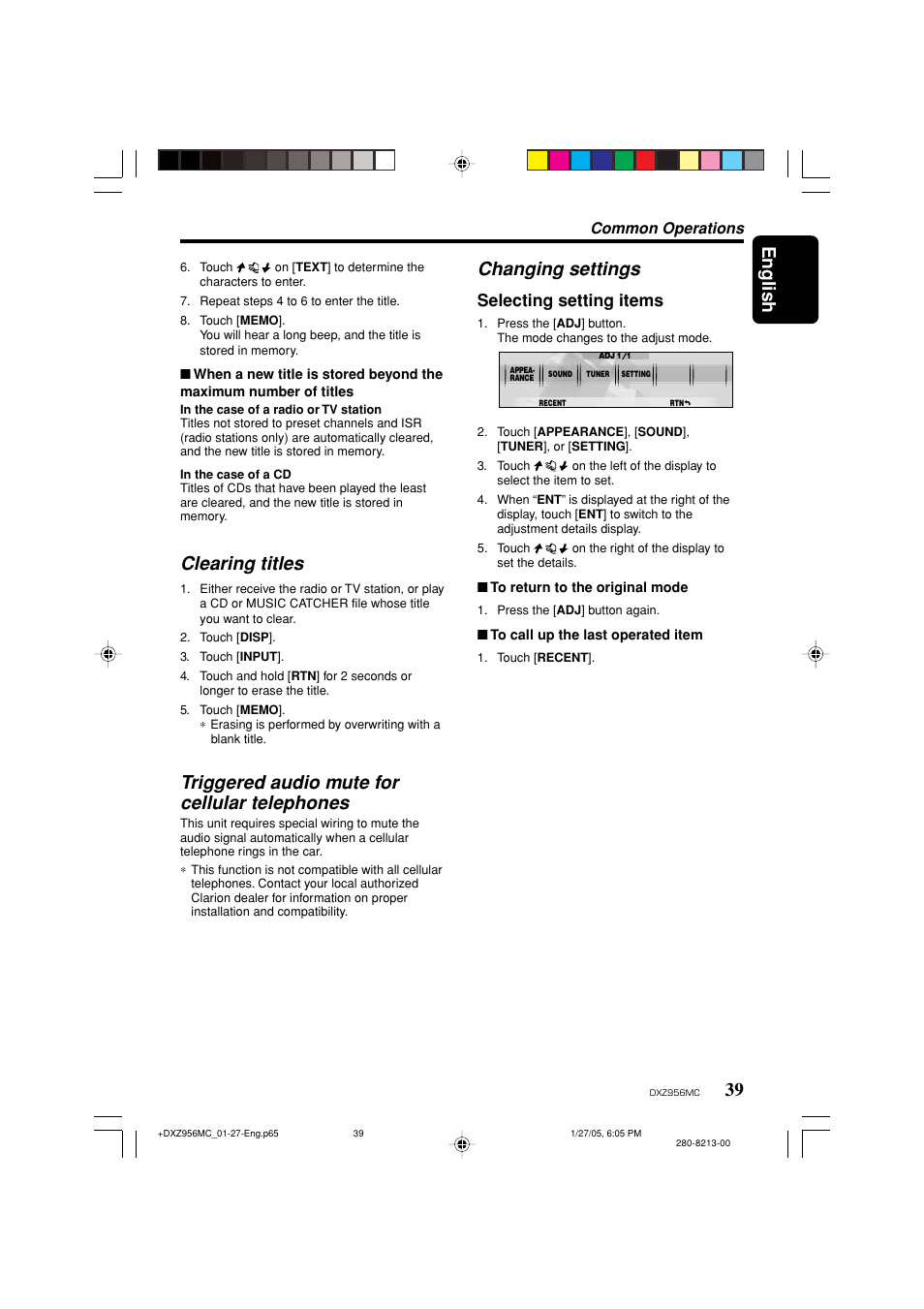 English, Clearing titles, Triggered audio mute for cellular telephones | Changing settings, Selecting setting items, Common operations | Clarion DXZ956MC User Manual | Page 39 / 56