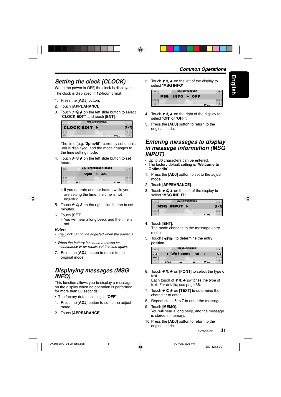 English, 41 setting the clock (clock), Displaying messages (msg info) | Common operations | Clarion DXZ956MC User Manual | Page 41 / 56