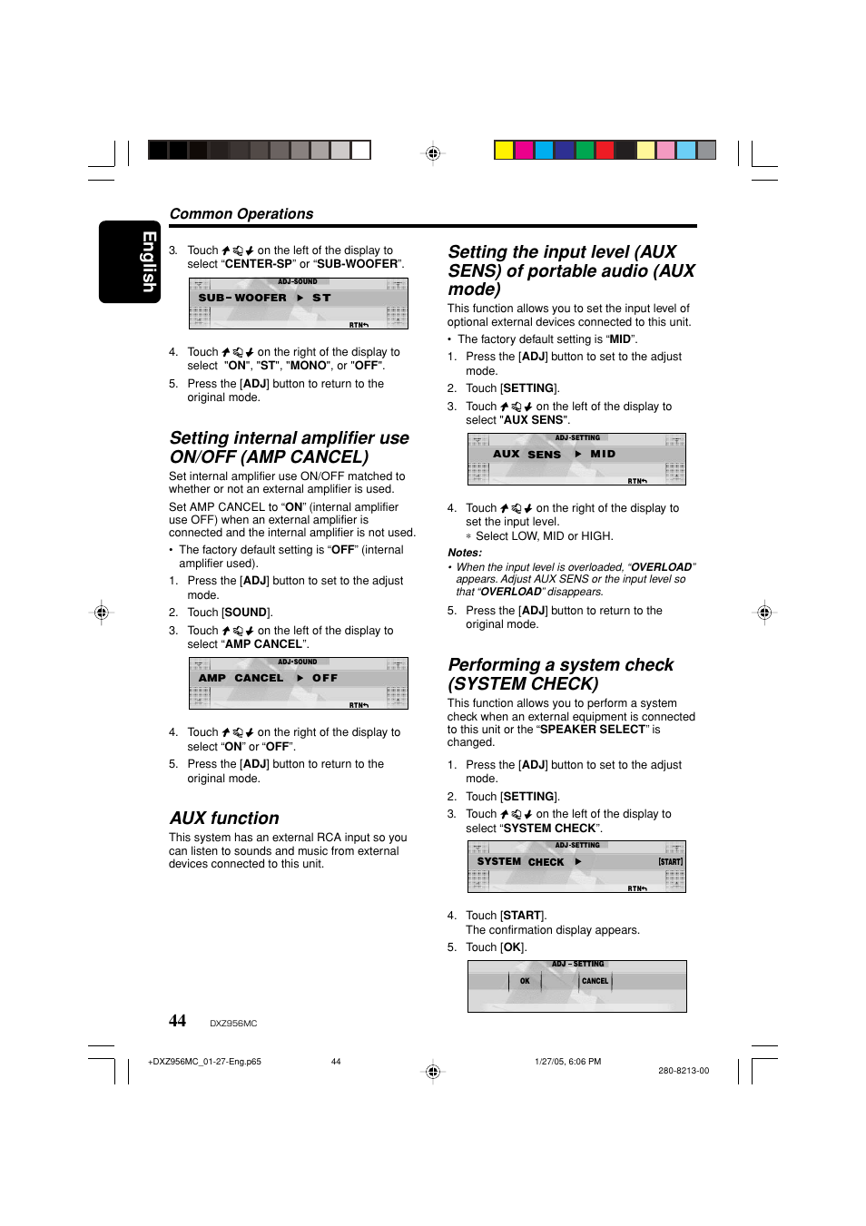 English, Setting internal amplifier use on/off (amp cancel), Aux function | Performing a system check (system check), Common operations | Clarion DXZ956MC User Manual | Page 44 / 56