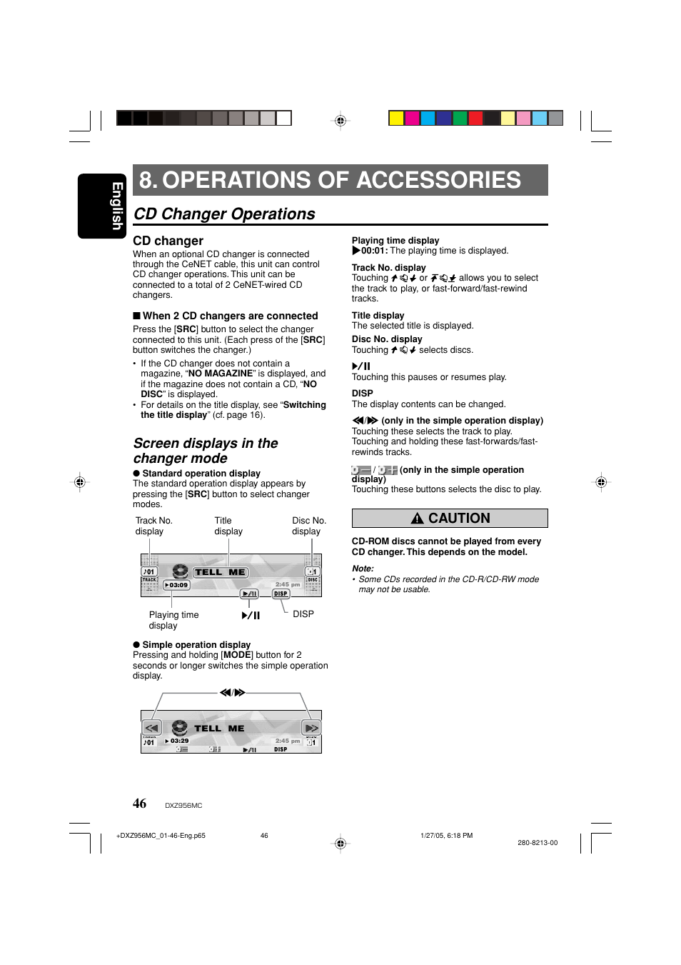 Operations of accessories, Cd changer operations, English | Screen displays in the changer mode, Caution, Cd changer | Clarion DXZ956MC User Manual | Page 46 / 56