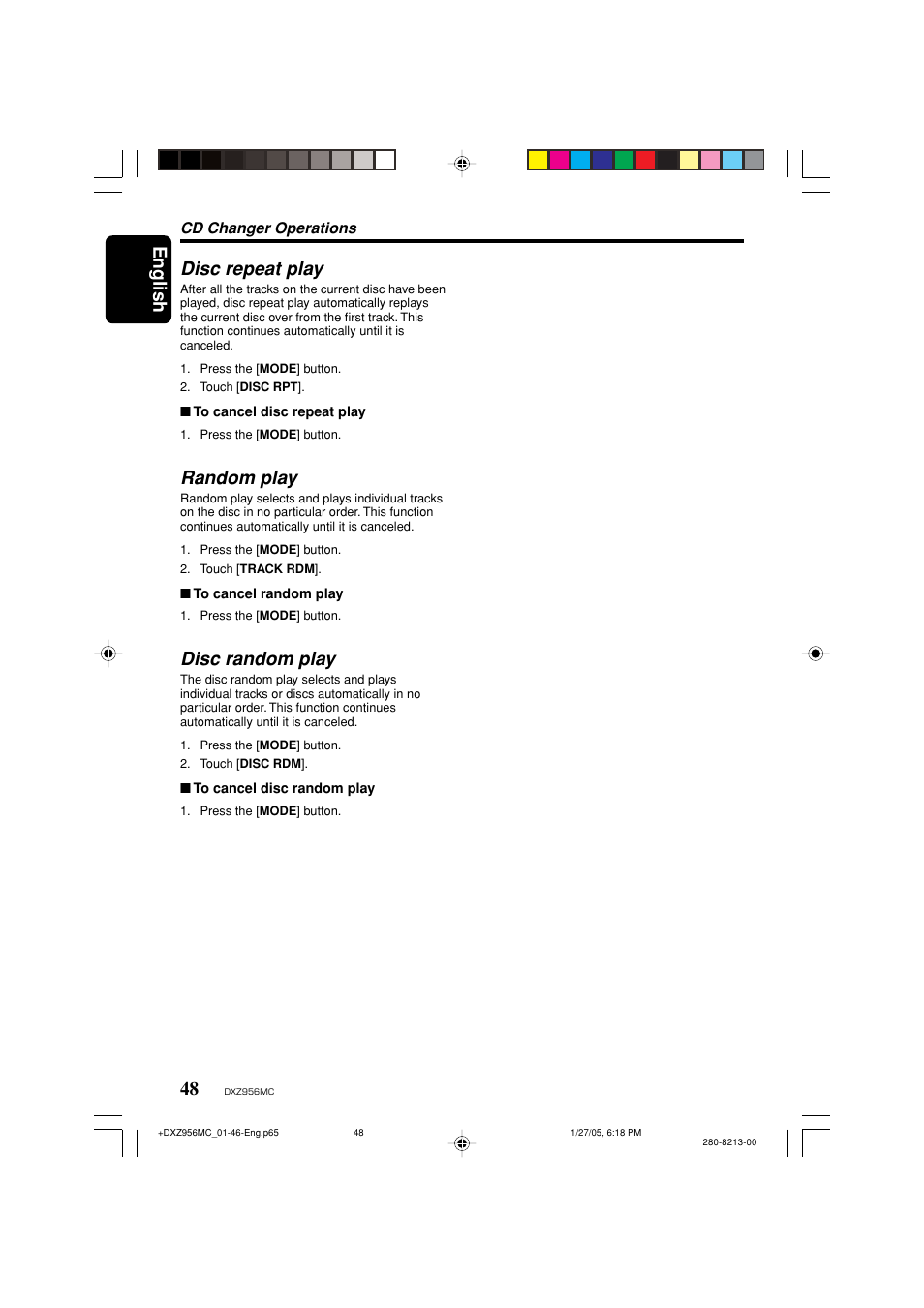 English, Disc repeat play, Random play | Disc random play | Clarion DXZ956MC User Manual | Page 48 / 56