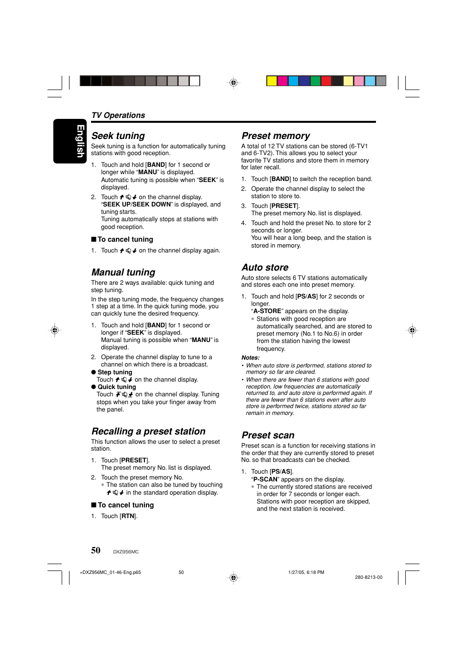 English, Seek tuning, Manual tuning | Recalling a preset station, Auto store, Preset scan | Clarion DXZ956MC User Manual | Page 50 / 56