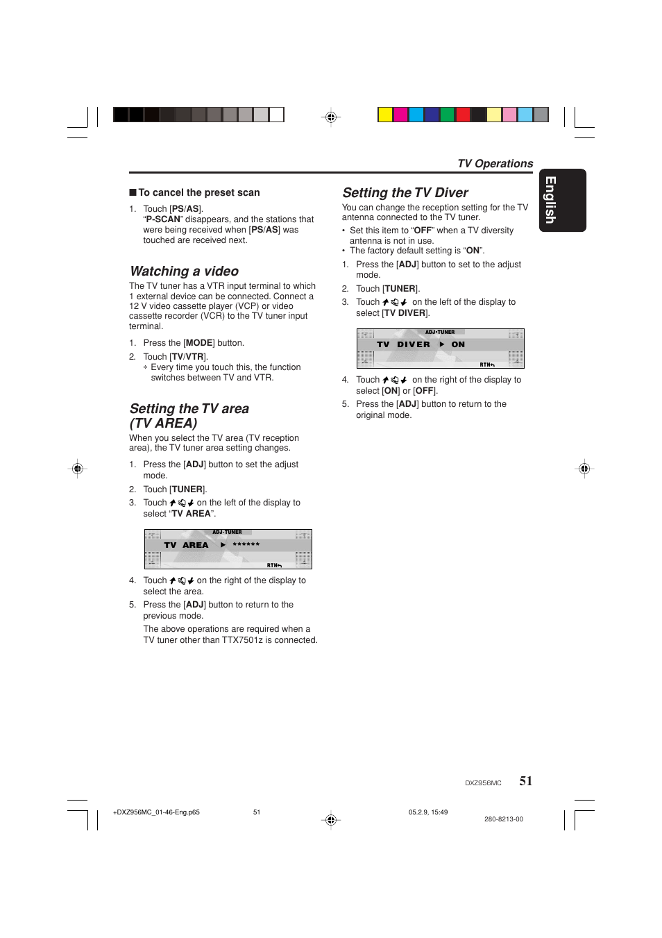 English, Watching a video, Setting the tv area (tv area) | Setting the tv diver, Tv operations | Clarion DXZ956MC User Manual | Page 51 / 56