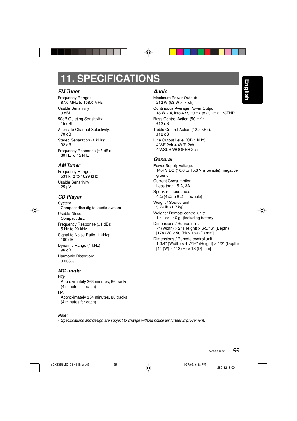 Specifications, English, Audio | General, Fm tuner, Am tuner, Cd player, Mc mode | Clarion DXZ956MC User Manual | Page 55 / 56