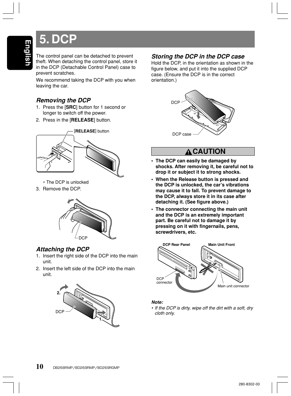 English, Caution, Removing the dcp | Attaching the dcp, Storing the dcp in the dcp case | Clarion BD269RMP User Manual | Page 10 / 24