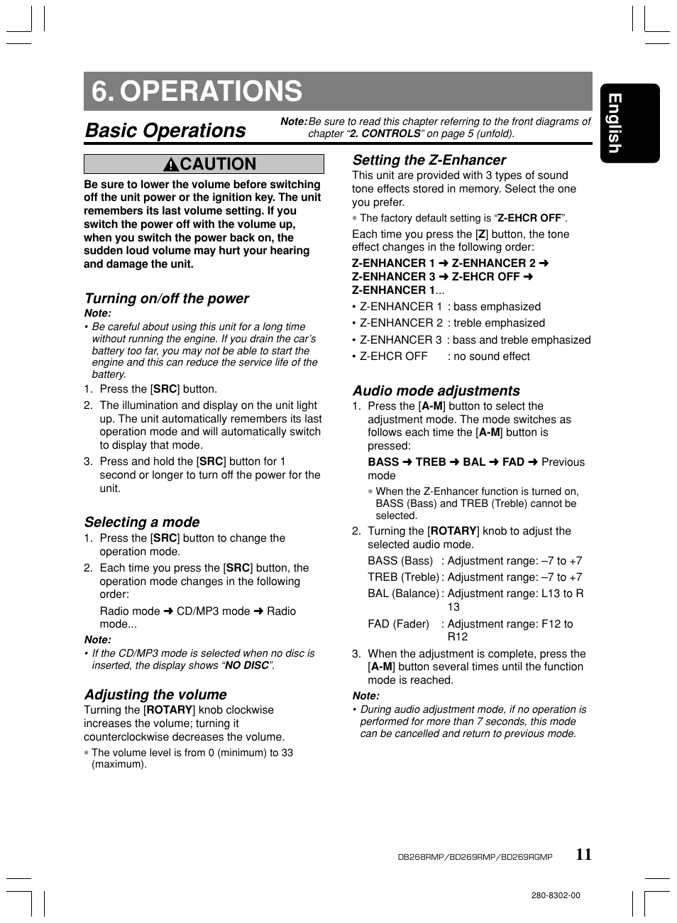Operations, Basic operations, 11 english | Caution, Turning on/off the power, Selecting a mode, Adjusting the volume, Setting the z-enhancer, Audio mode adjustments | Clarion BD269RMP User Manual | Page 11 / 24