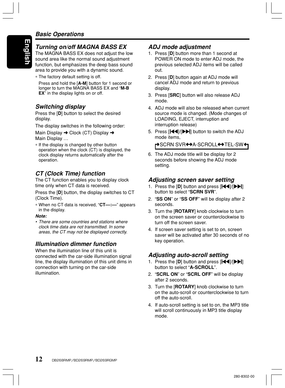 English, Turning on/off magna bass ex, Switching display | Ct (clock time) function, Illumination dimmer function, Basic operations adj mode adjustment, Adjusting screen saver setting, Adjusting auto-scroll setting | Clarion BD269RMP User Manual | Page 12 / 24