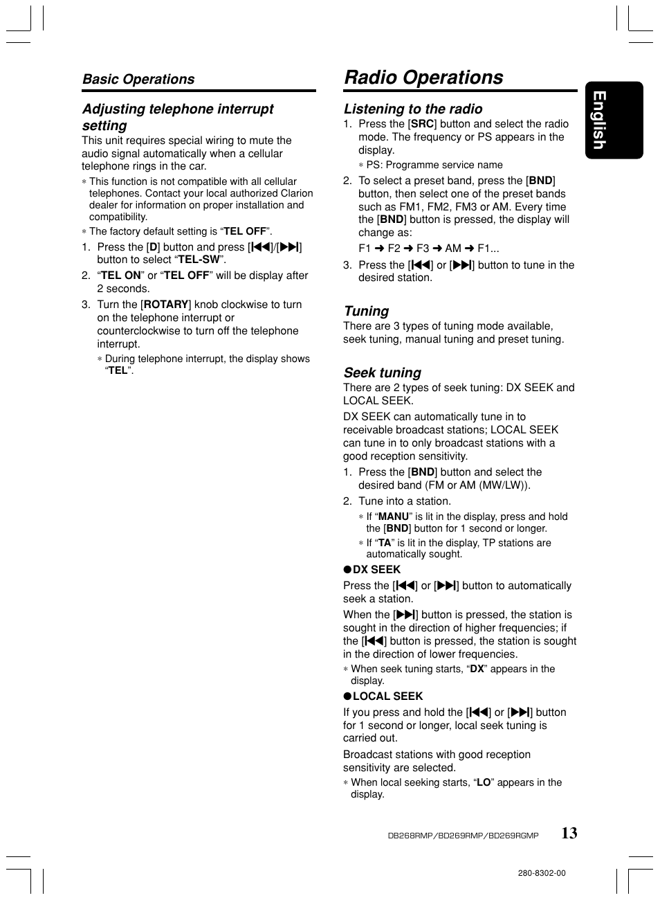 Radio operations, 13 english, Listening to the radio | Tuning, Seek tuning | Clarion BD269RMP User Manual | Page 13 / 24