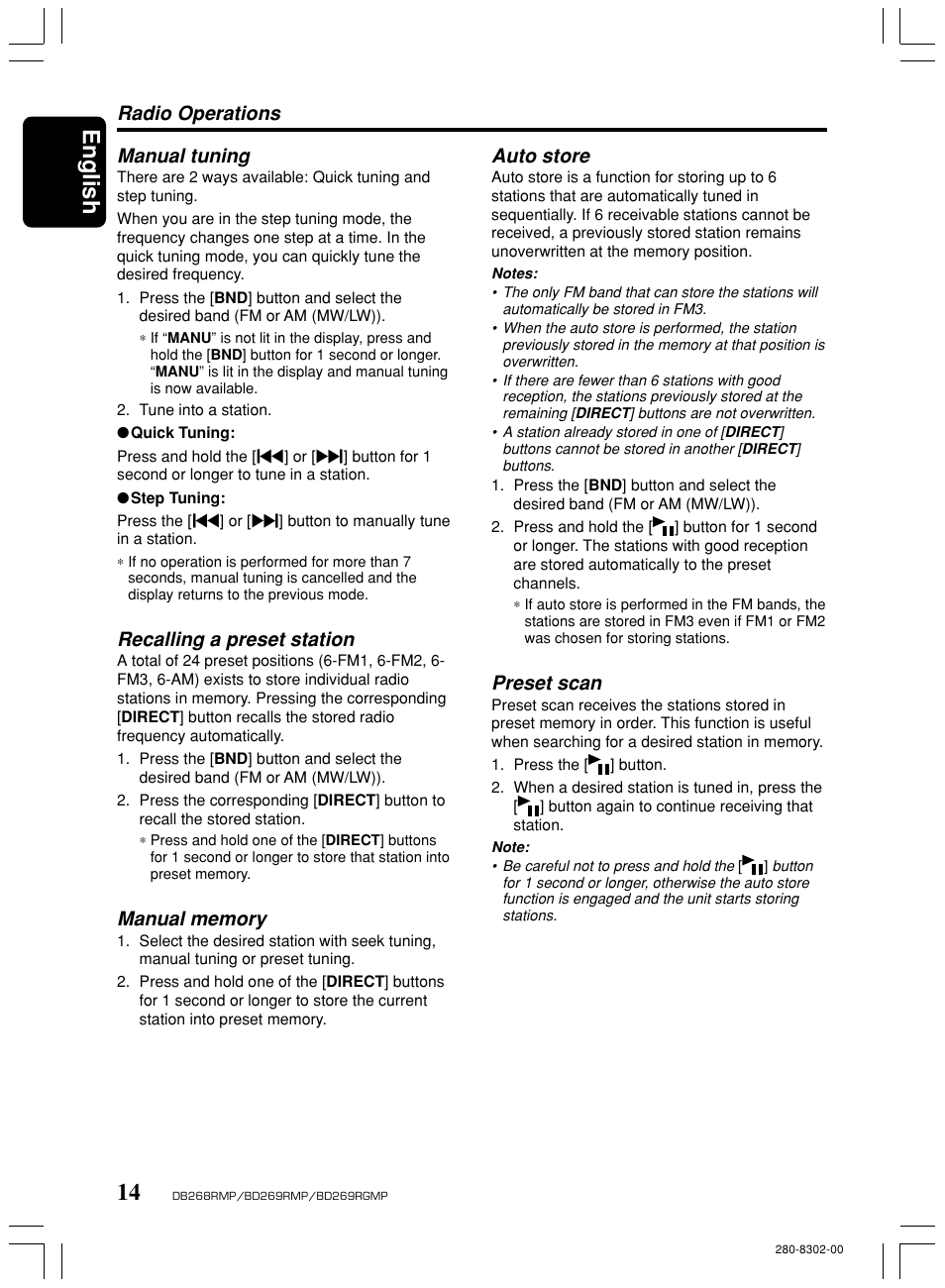 English, Radio operations manual tuning, Recalling a preset station | Auto store, Preset scan | Clarion BD269RMP User Manual | Page 14 / 24