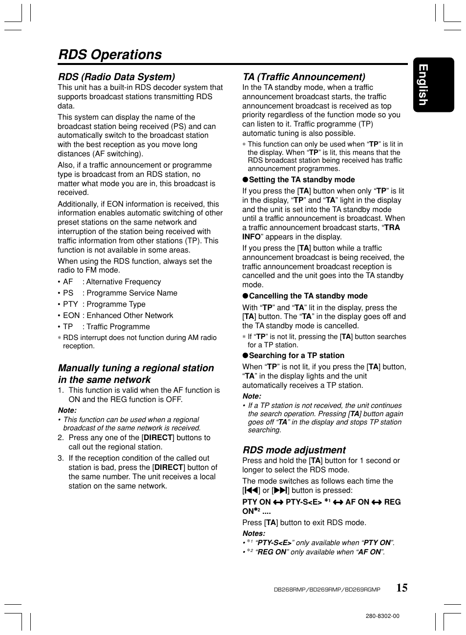 Rds operations, 15 english, Rds (radio data system) | Ta (traffic announcement), Rds mode adjustment | Clarion BD269RMP User Manual | Page 15 / 24