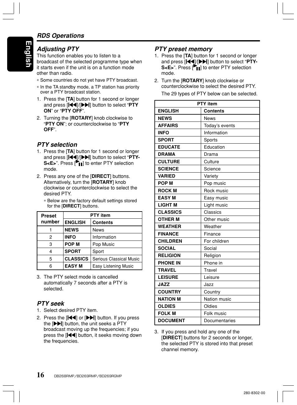 English, Adjusting pty, Pty selection | Rds operations, Pty seek | Clarion BD269RMP User Manual | Page 16 / 24