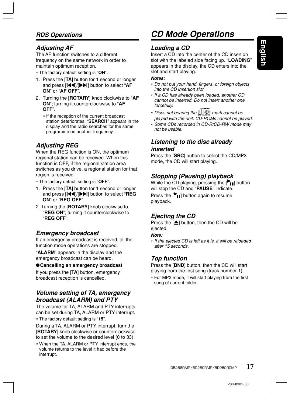 Cd mode operations, 17 english, Adjusting af | Adjusting reg, Emergency broadcast, Rds operations, Loading a cd, Listening to the disc already inserted, Stopping (pausing) playback, Ejecting the cd | Clarion BD269RMP User Manual | Page 17 / 24