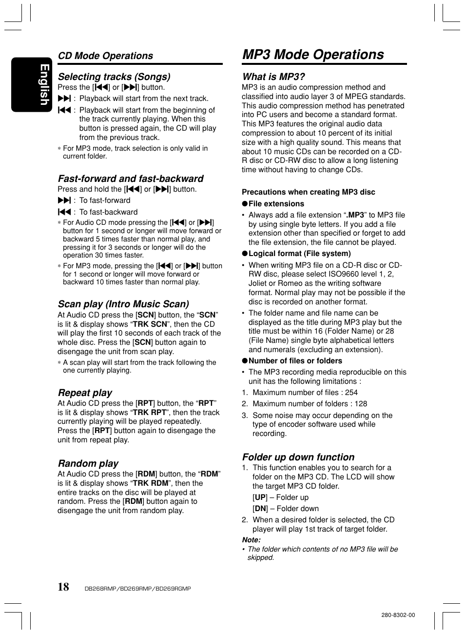 Mp3 mode operations, English, Selecting tracks (songs) | Fast-forward and fast-backward, Scan play (intro music scan), Repeat play, Random play, Cd mode operations, What is mp3, Folder up down function | Clarion BD269RMP User Manual | Page 18 / 24
