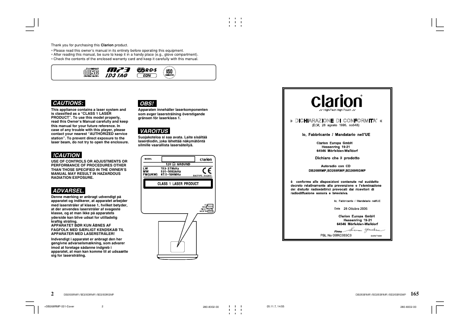 Cautions, Caution, Advarsel | Varoitus | Clarion BD269RMP User Manual | Page 2 / 24