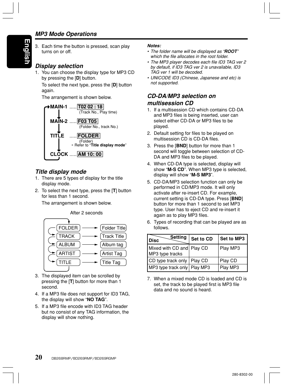 English, Mp3 mode operations, Display selection | Title display mode, Cd-da/mp3 selection on multisession cd | Clarion BD269RMP User Manual | Page 20 / 24