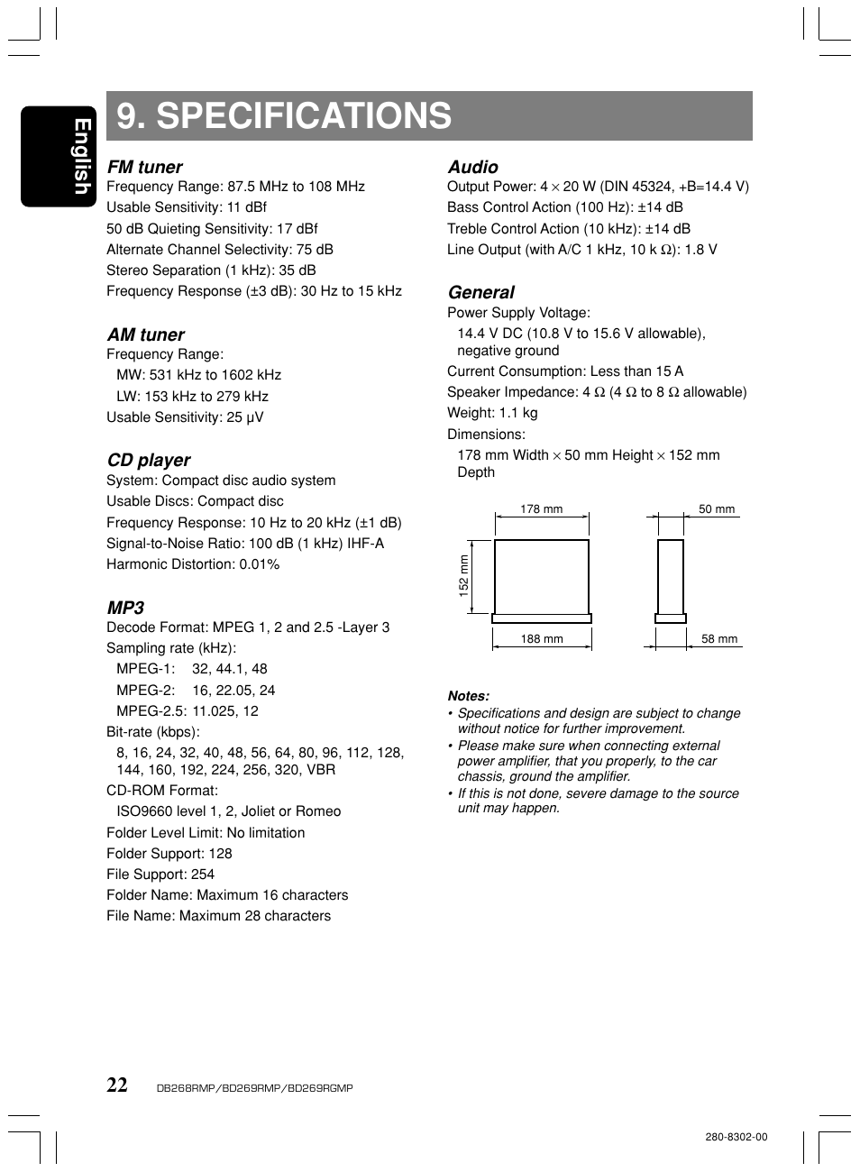 Specifications, English, Fm tuner | Am tuner, Cd player, Audio, General | Clarion BD269RMP User Manual | Page 22 / 24