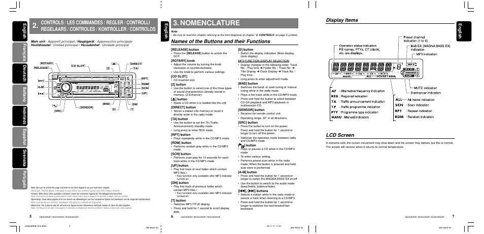 Nomenclature, Names of the buttons and their functions, Display items lcd screen | English | Clarion BD269RMP User Manual | Page 6 / 24