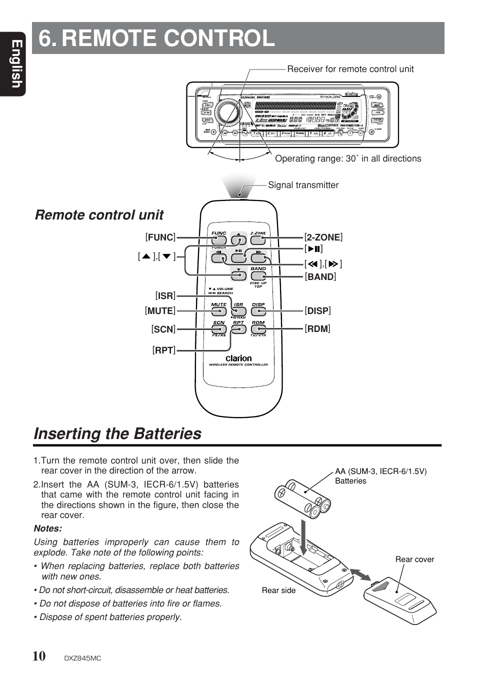 Remote control, Inserting the batteries, English | Remote control unit | Clarion DXZ845MC User Manual | Page 10 / 44