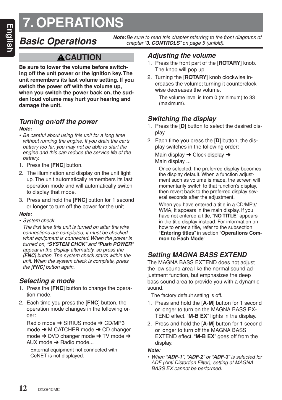 Basic operations, Power on / off, Selecting a source / mode | Volume, Switching the display, Magna bass, Operations, English, Caution, Turning on/off the power | Clarion DXZ845MC User Manual | Page 12 / 44