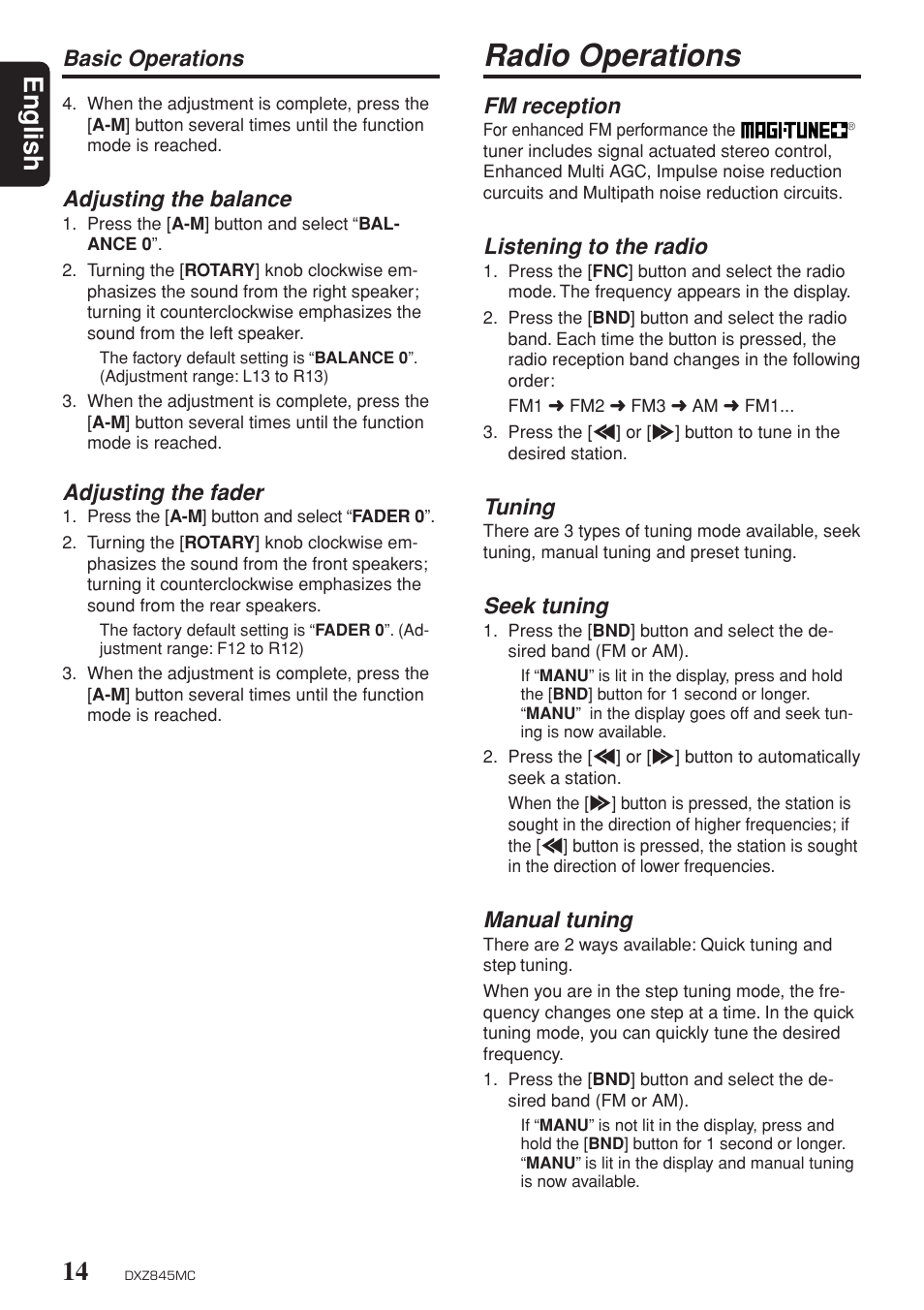 Balance, Fader, Radio operations | Selecting as source, Seek tuning, Manual tuning, English, Fm reception, Listening to the radio, Tuning | Clarion DXZ845MC User Manual | Page 14 / 44