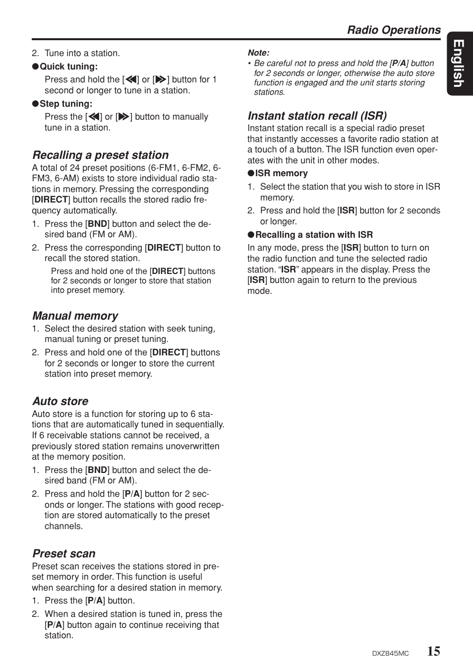Storing / recalling presets, Auto store preset, Preset scan | Instant station recall, 15 english, Radio operations, Recalling a preset station, Auto store, Instant station recall (isr) | Clarion DXZ845MC User Manual | Page 15 / 44