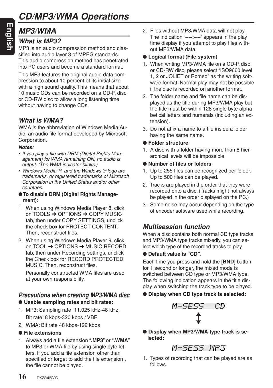 Cd / mp3 / wma operations, General mp3 info, Cd/mp3/wma operations | English, Mp3/wma, Multisession function, What is mp3, What is wma, Precautions when creating mp3/wma disc | Clarion DXZ845MC User Manual | Page 16 / 44