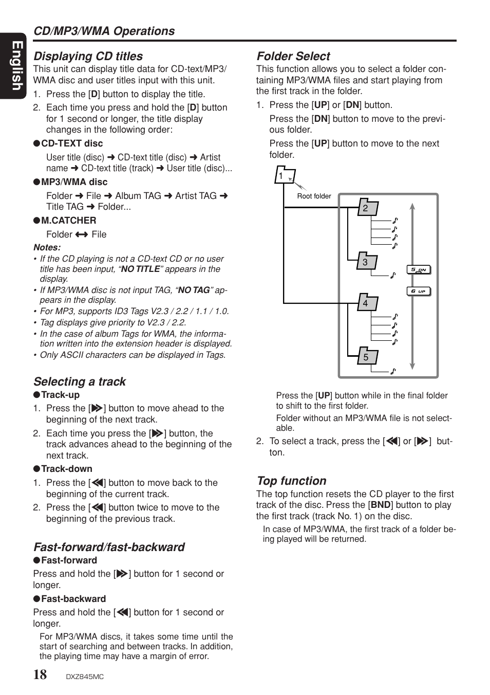 Displaying titles, Track / folder select, English | Cd/mp3/wma operations, Top function, Displaying cd titles, Selecting a track, Fast-forward/fast-backward, Folder select | Clarion DXZ845MC User Manual | Page 18 / 44