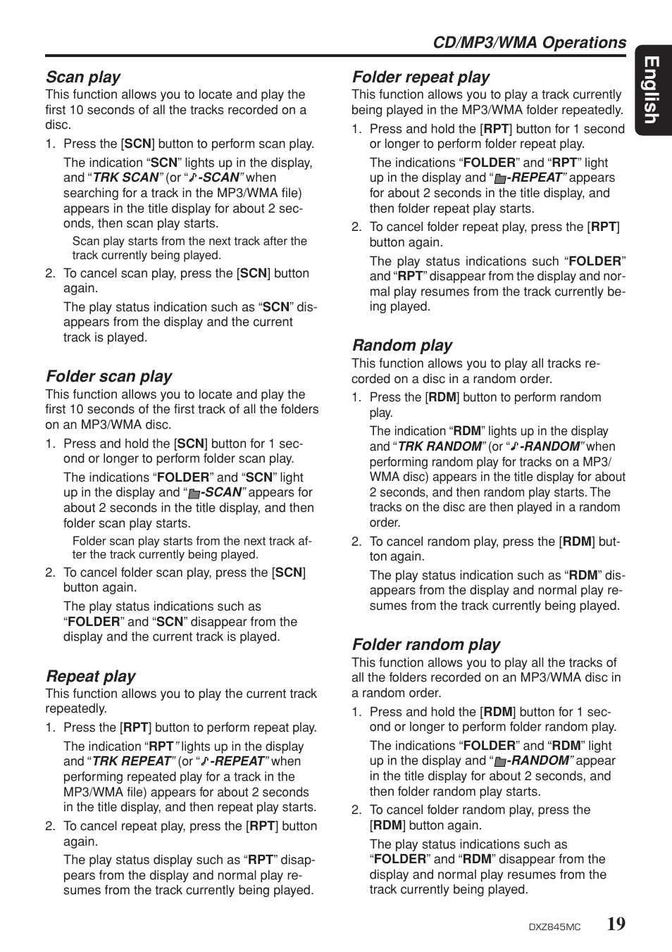 Scan / folder scan, Repeat, Folder repeat | Random / folder random, 19 english, Folder repeat play, Random play, Folder random play, Cd/mp3/wma operations scan play, Folder scan play | Clarion DXZ845MC User Manual | Page 19 / 44
