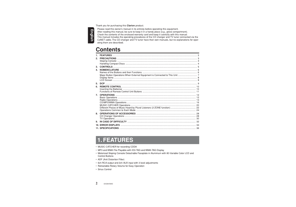 Clarion DXZ845MC User Manual | Page 2 / 44
